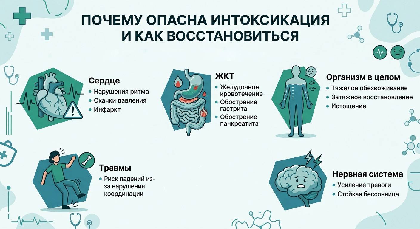Инфографика о клинических рисках интоксикации организма, иллюстрирующая влияние на сердце, ЖКТ, нервную систему, риск травм и общее состояние.